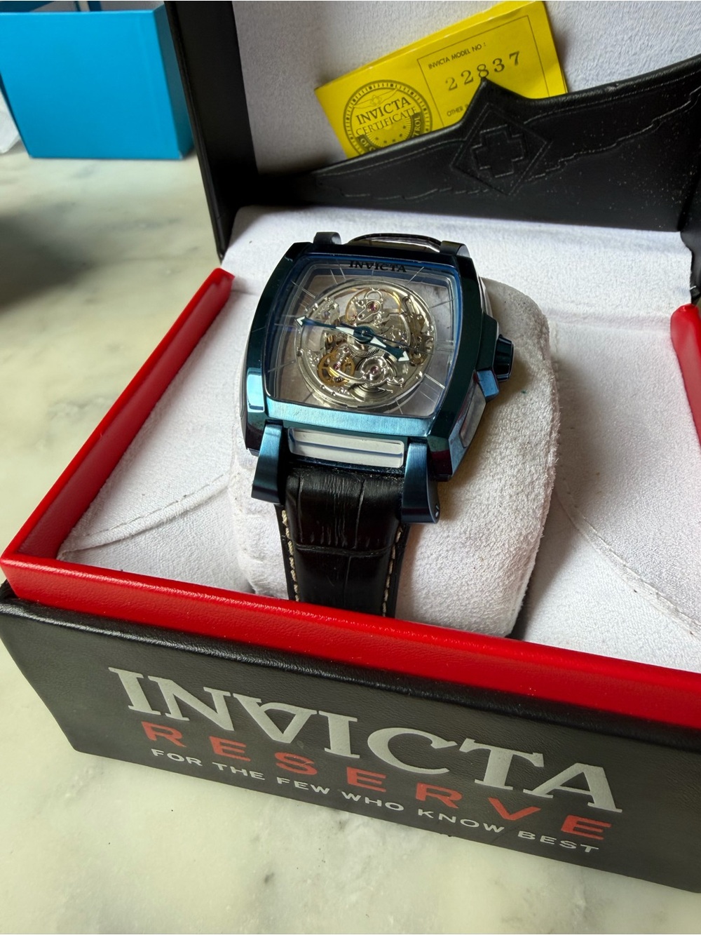 Invicta Men's Blue-Tone Skeleton Dial Automatic Watch with Black Leather Strap - Picture 7 of 10